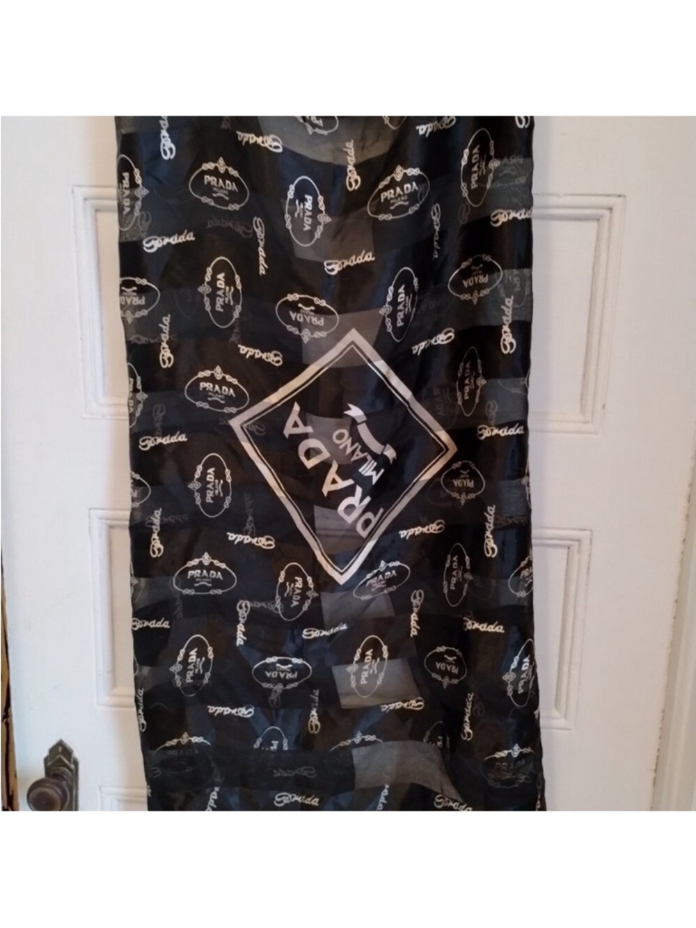 Prada Black and White Logo Silk Scarf